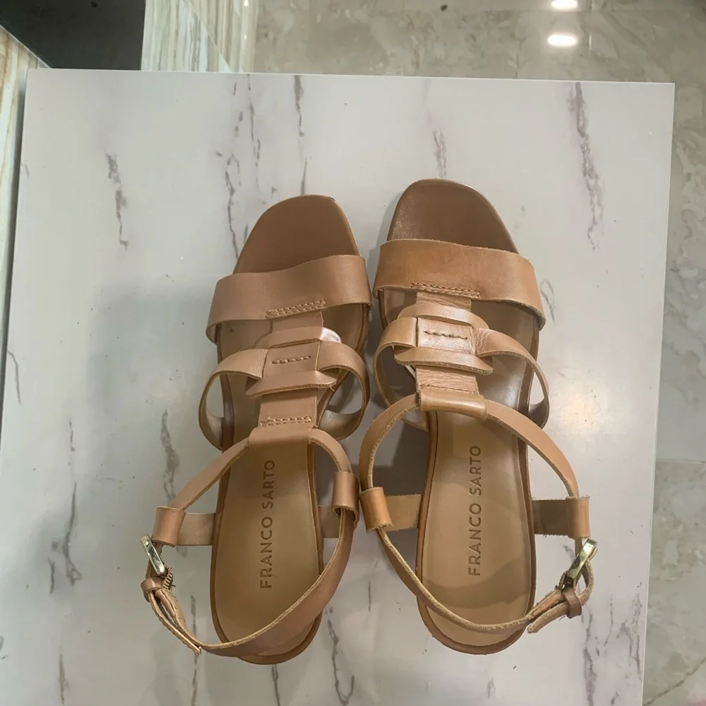 Women’s Tan Franco Sarto Upper‎ Leather Strap Sandal Wedge Size 7
